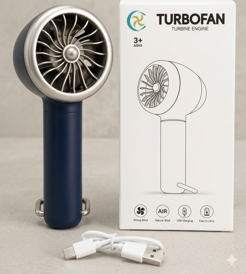 Handheld fan with blue handle and silver fan head, next to its packaging on a neutral background