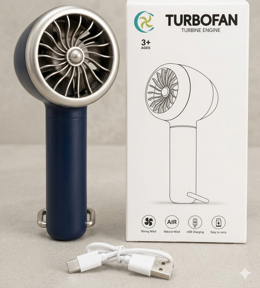 Handheld fan with blue handle and silver fan head, next to its packaging on a neutral background