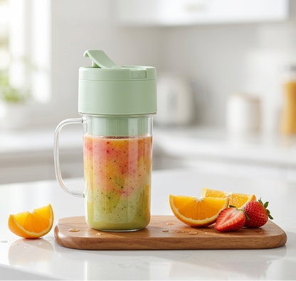 Blender with a smoothie on a kitchen counter next to fruits