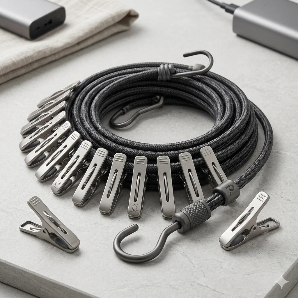 Elastic Travel Clothesline Rope (With 12 Positionable Clips & 2 Heavy-Duty Hooks)