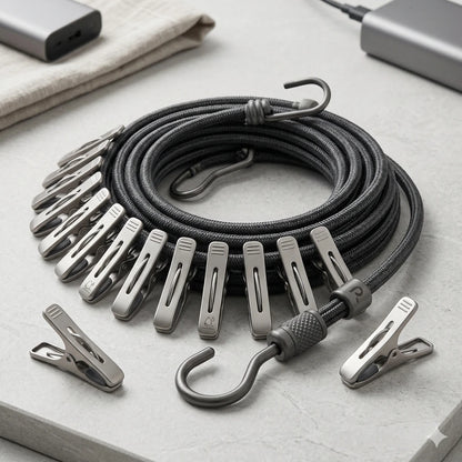 Elastic Travel Clothesline Rope (With 12 Positionable Clips & 2 Heavy-Duty Hooks)