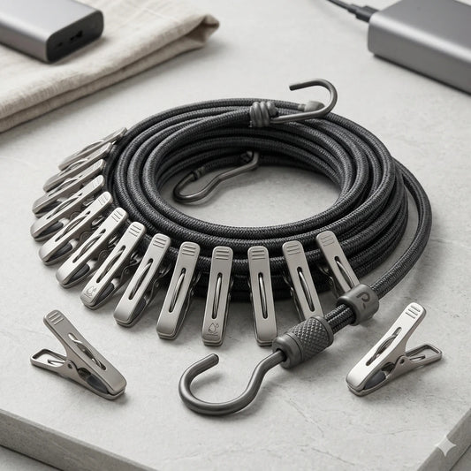 Elastic Travel Clothesline Rope (With 12 Positionable Clips & 2 Heavy-Duty Hooks)
