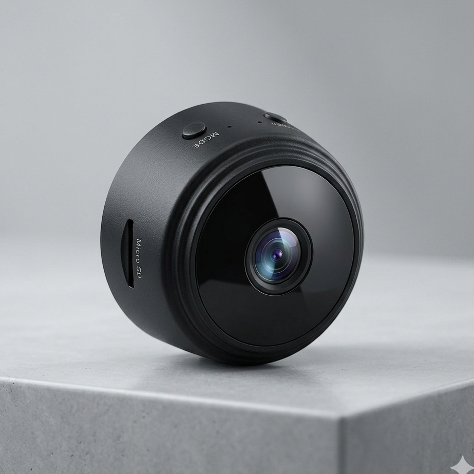 Small black camera on a gray surface with a gray background