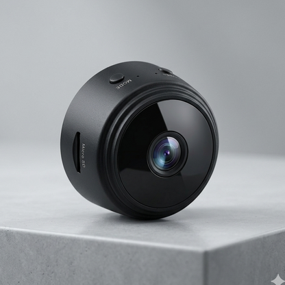 Small black camera on a gray surface with a gray background