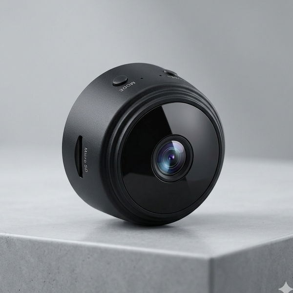 Small black camera on a gray surface with a gray background