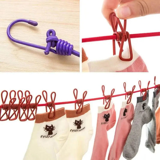 Elastic Travel Clothesline Rope (With 12 Positionable Clips & 2 Heavy-Duty Hooks)