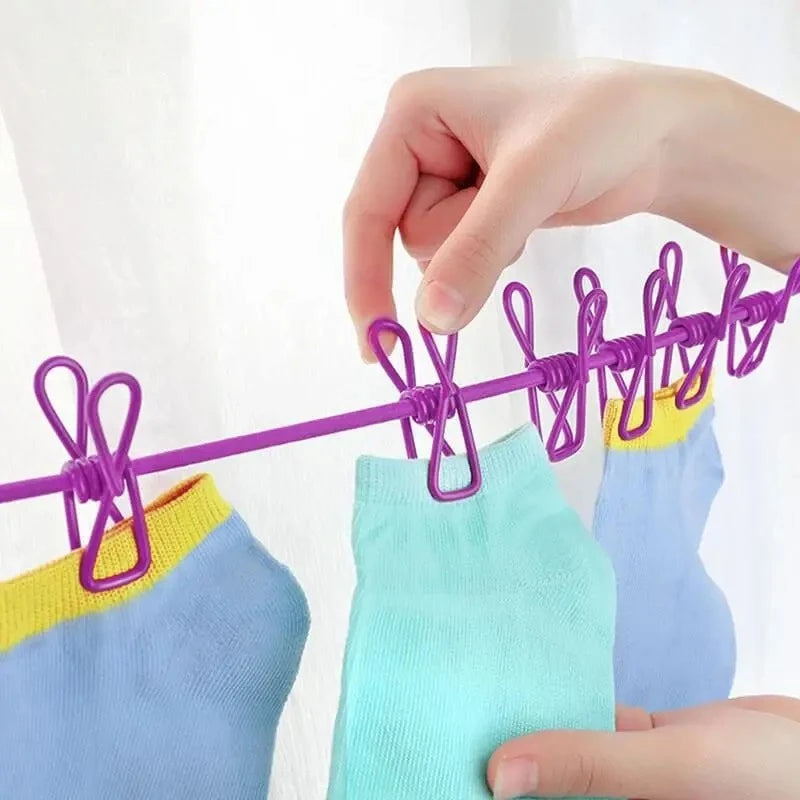 Elastic Travel Clothesline Rope (With 12 Positionable Clips & 2 Heavy-Duty Hooks)